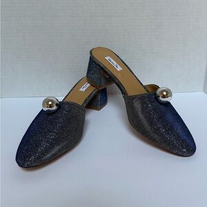 Vanessa Tao Metallic Blue Slip on Mules with Silver Ball Decoration, Size 39